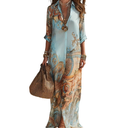🎁2026 New Arrivals 50% OFF💥Elegant Retro Print Maxi Dress | Boho V-Neck Button-Down Flowy Gown | Breathable Summer Beach Holiday Dress