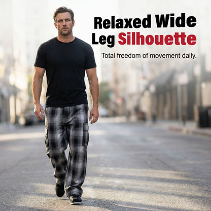 🎁2026 New Arrivals 50% OFF💥Men's Retro Plaid Loose Fit Cargo Pants – Wide Leg, Cargo Pockets, Drawstring Waist 🌿