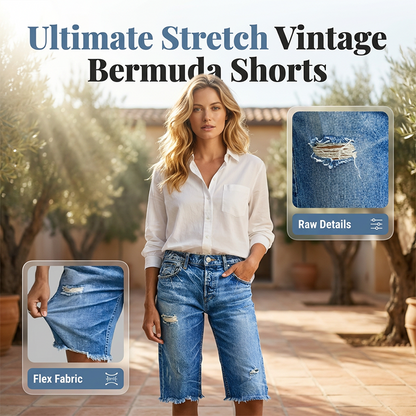 🎁2026 New Arrivals 50% OFF💥Women's Casual Distressed Denim Bermuda Shorts – 4-Way Stretch, Raw Hem, Vintage Vibes 🌿