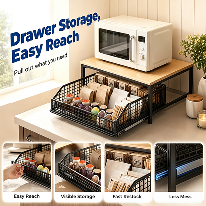 🎁2026 New Arrivals 50% OFF💥2-Tier Kitchen Microwave Stand with Slide-Out Drawer — Heavy-Duty Countertop Shelf