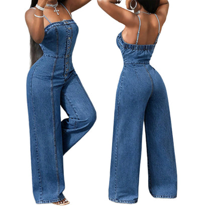 🎁2026 New Arrivals 50% OFF💥Women's Spaghetti Strap Wide Leg Denim Jumpsuit  ☁️☀️