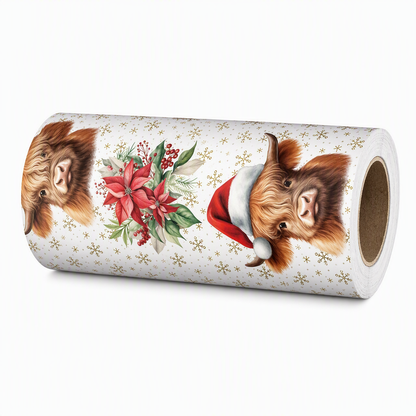 🎁2026 New Arrivals 50% OFF💥Reversible Christmas Highland Cow Gift Wrapping Paper Roll – Thick Tear‑Resistant Craft Paper, 2 Festive Designs in 1 Roll (43cm×5m) 🎄🎁