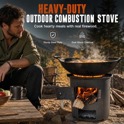 🎁2026 New Arrivals 50% OFF💥Heavy‑Duty Carbon Steel Camping Stove – Wood & Charcoal, High‑Draft Airflow, 3‑in‑1 Cooktop 🍳