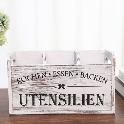 Wooden Kitchen Utensil Holder Caddy - 3-Compartment Countertop Organizer Box