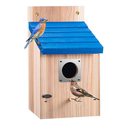 🎁2026 New Arrivals 50% OFF💥Weatherproof Wooden Outdoor Bird House – Solid Thickened Natural Timber with Sky Blue Slanted Roof, Predator-Safe Metal Reinforced Entry Guard & Round Resting Perch – 15×15×22cm for Bluebirds Wrens Finches & Songbirds 🏡